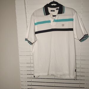 IZOD Men's White Polo with Teal and Navy Stripes Medium